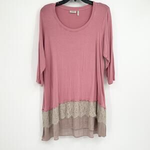 LOGO Lori Goldstein Pink Satin Lace Trim Tunic Size 1XP